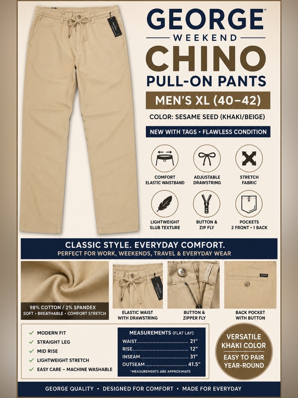 George Men’s Weekend Chino Pull-On Pants XL 40-42 Khaki Stretch Straight Leg - Picture 2 of 15
